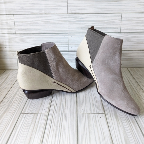 Naked Feet Suede and Leather Booties with Stacked Heel in Gray and Cream Size 6 - Picture 1 of 11